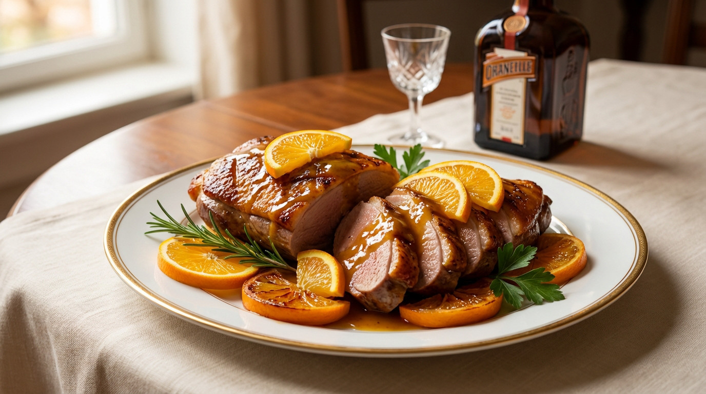 Photorealistic image of perfectly roasted Canard à l'orange with glossy bigarade sauce, fresh oranges, and herbs on a refined plate. Luxurious setting.