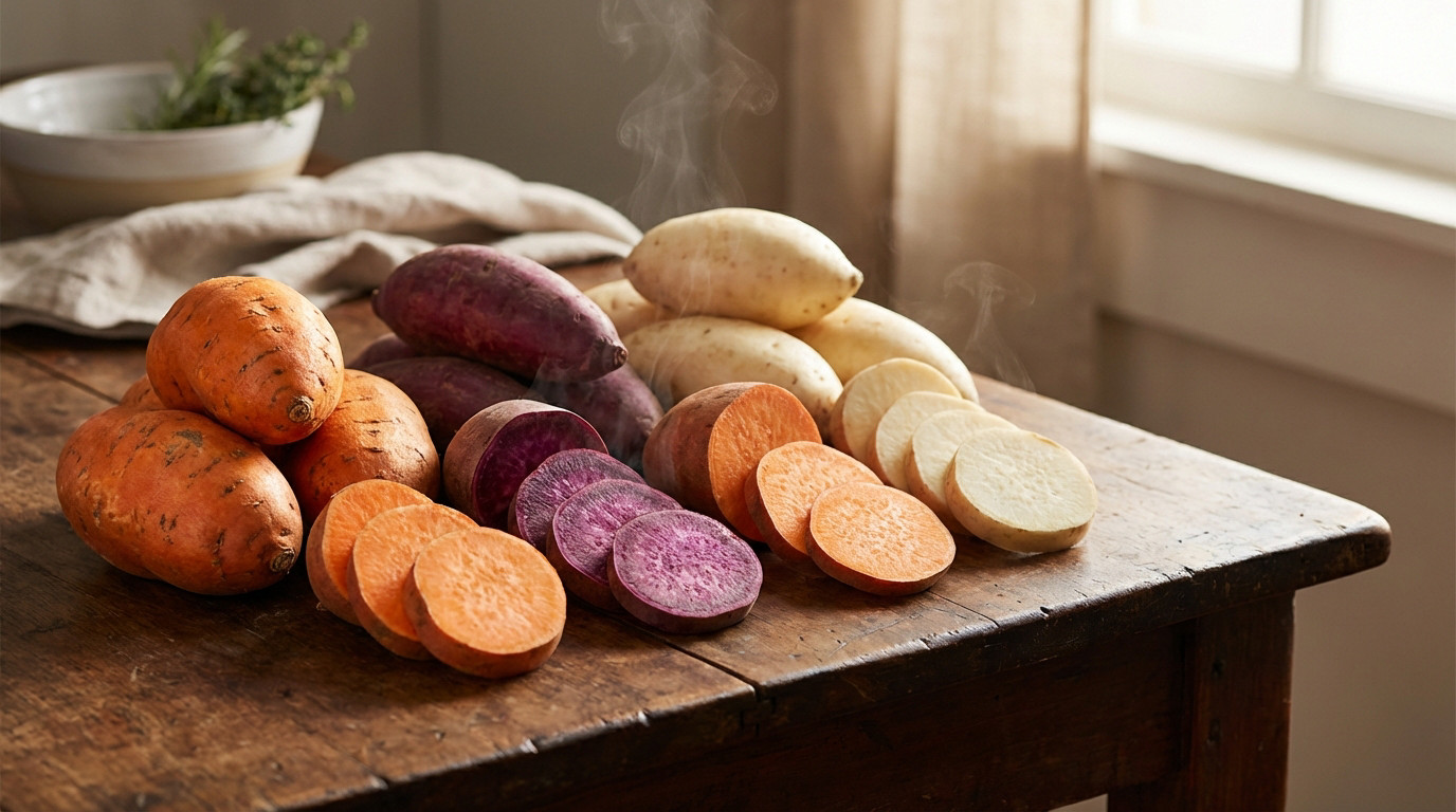 Vibrant whole and sliced orange, purple, and white sweet potatoes on a rustic wooden table. Soft light, gentle steam rises.