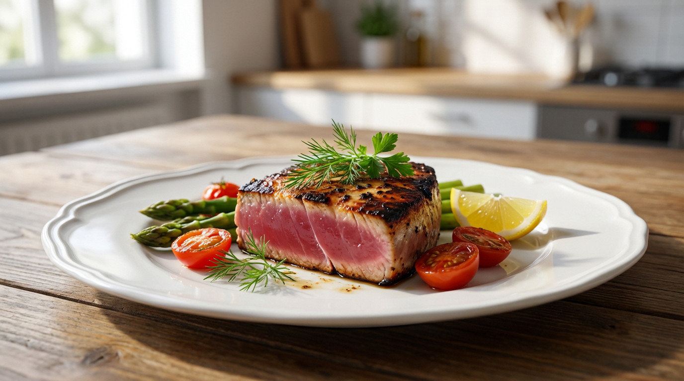 A close-up of a perfectly seared tuna steak with a pink center, garnished with herbs, asparagus, cherry tomatoes, and lemon on a white plate.