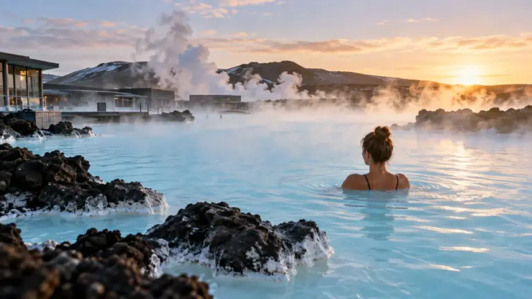Blue Lagoon Islande avec eau géothermale bleue et roche volcanique