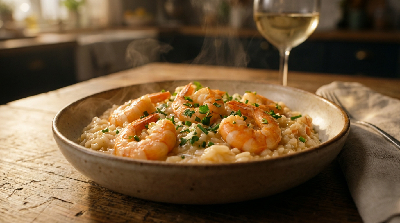 Close-up of steaming shrimp risotto in a rustic bowl on a wooden table. Garnished with herbs, large shrimp, and a blurred wine glass in background.