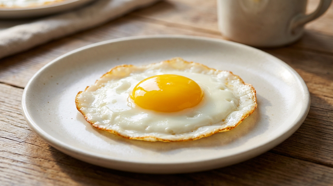 Close-up of a perfectly cooked fried egg with a bright, glossy, runny yellow yolk on a light ceramic plate, on a blurred wooden table.