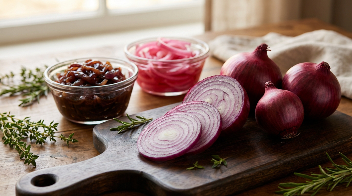 Still life with red onions: whole, sliced, caramelized confit, and pink pickled, on a wooden board with herbs. Soft lighting.